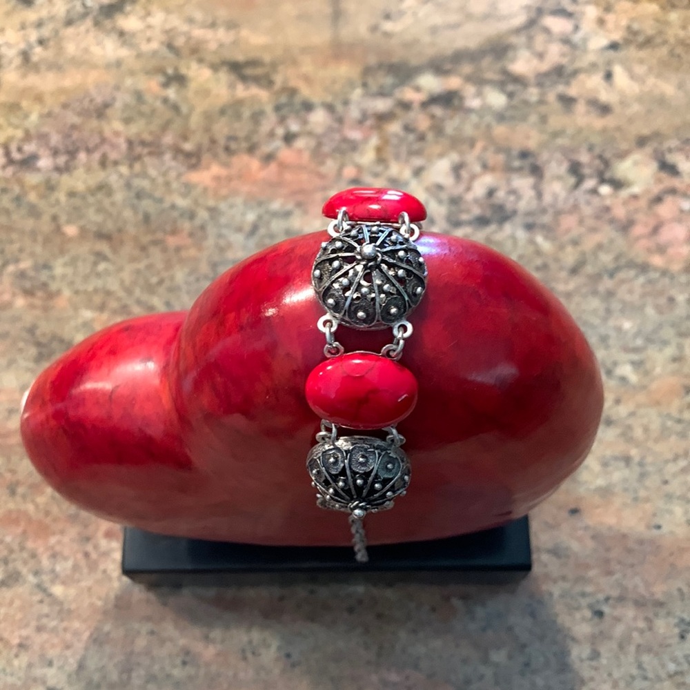 Red Stone and Silver Disc Bracelet